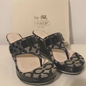 Coach Black Monogram Patten Leather Wedges